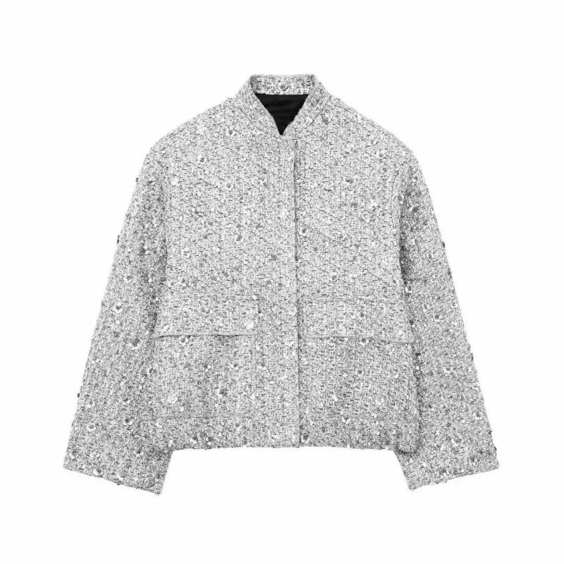 Modern metallic women's jacket, tailored fit, ideal lightweight mid-season outerwear for spring, autumn & evening.