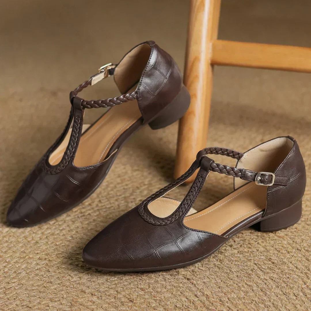 Elegant brown leather Mary Jane flats, women's classic vintage style comfort shoes, low heel for everyday.