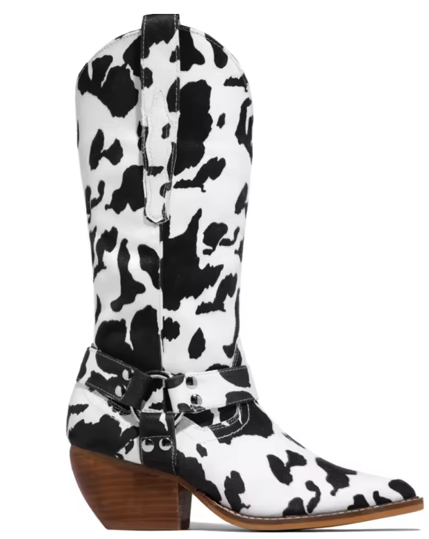 Fashionable women's cow print cowgirl boots. Chic western mid-calf boots with a sleek pointed toe & sturdy block heel.