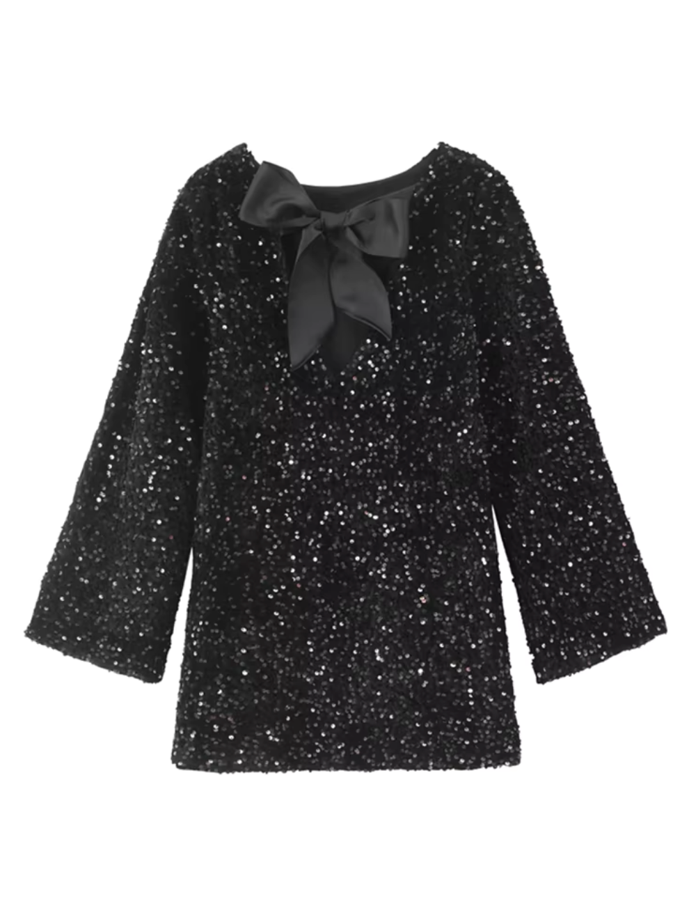 Dazzling sequin party dress, sleeveless, featuring elegant back bow. Ideal for glamorous night outs.