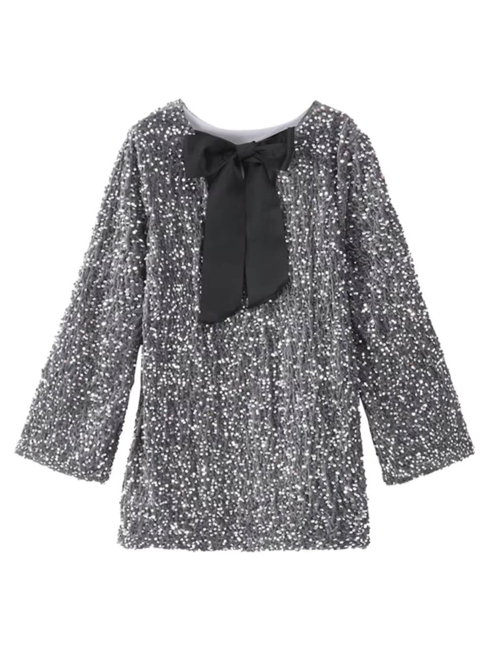 Festive sequin cocktail dress with glamorous sparkle and a beautiful back bow. Women's knee-length.