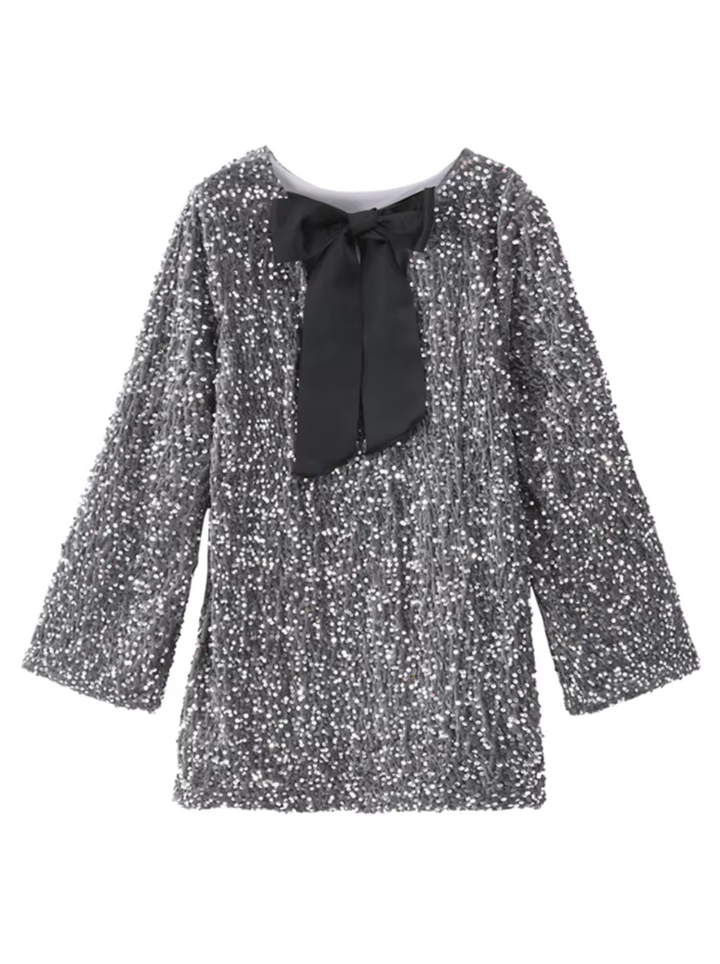 Festive sequin cocktail dress with glamorous sparkle and a beautiful back bow. Women's knee-length.