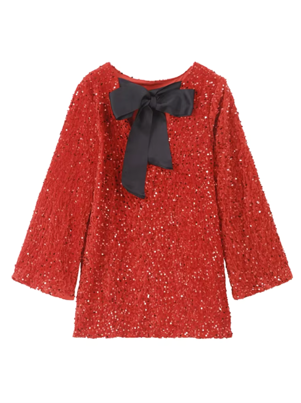 Women's dazzling sequin evening dress, knee-length, with elegant back bow. Ideal for special occasions.
