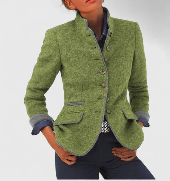 Women's elegant high collar cardigan, a cozy long sleeve outerwear top for sophisticated fall fashion.