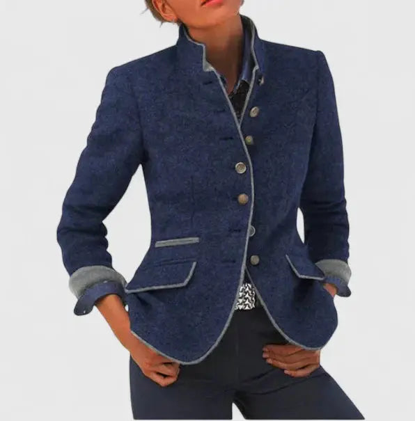 Chic women's fitted blazer with collar & button front, a tailored long sleeve jacket for elegant office & fall style.