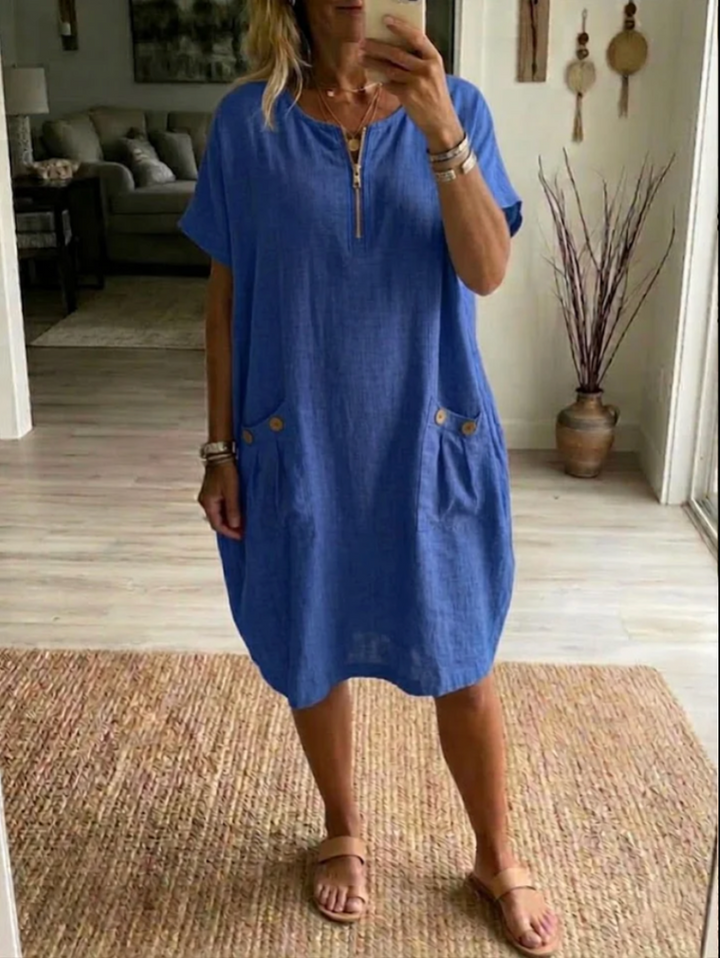 Yellow women's versatile zip-front summer dress, comfortable relaxed fit, perfect for everyday wear.