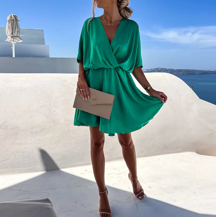 Khaki women's midi dress, a casual chic flowy dress for summer, spring, or party occasions.