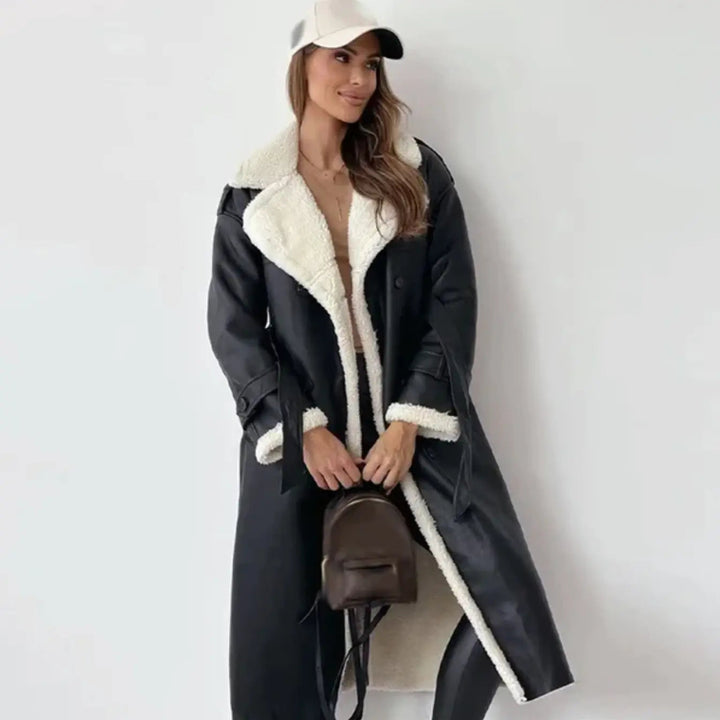 Elegant women's long classic winter coat, sophisticated style. Perfect cozy outerwear for cold weather fashion.