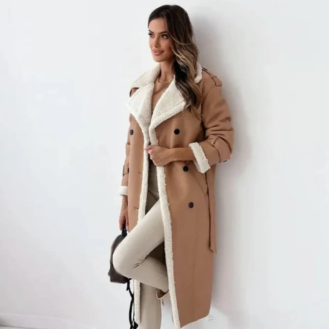 Cozy women's long winter coat, classic design. Sophisticated & elegant outerwear for cold weather and autumn fashion.