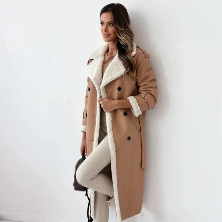 Cozy women's long winter coat, classic design. Sophisticated & elegant outerwear for cold weather and autumn fashion.