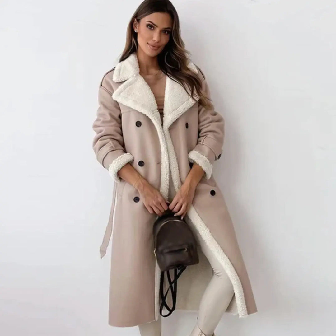 Elegant women's long classic coat, featuring a timeless design. Perfect cozy outerwear for autumn and winter.