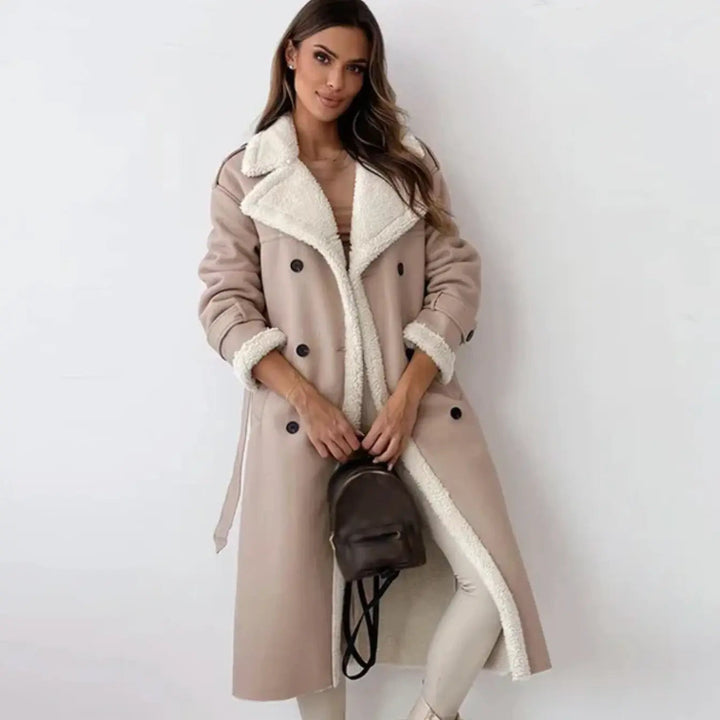 Elegant women's long classic coat, featuring a timeless design. Perfect cozy outerwear for autumn and winter.