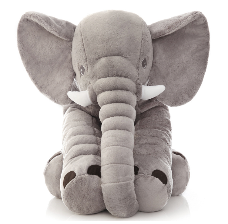 Large grey elephant plush baby pillow, super soft for cuddling, a sweet nursery addition.