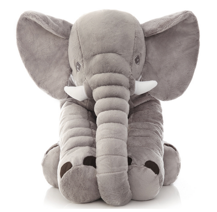 Large grey elephant plush baby pillow, super soft for cuddling, a sweet nursery addition.