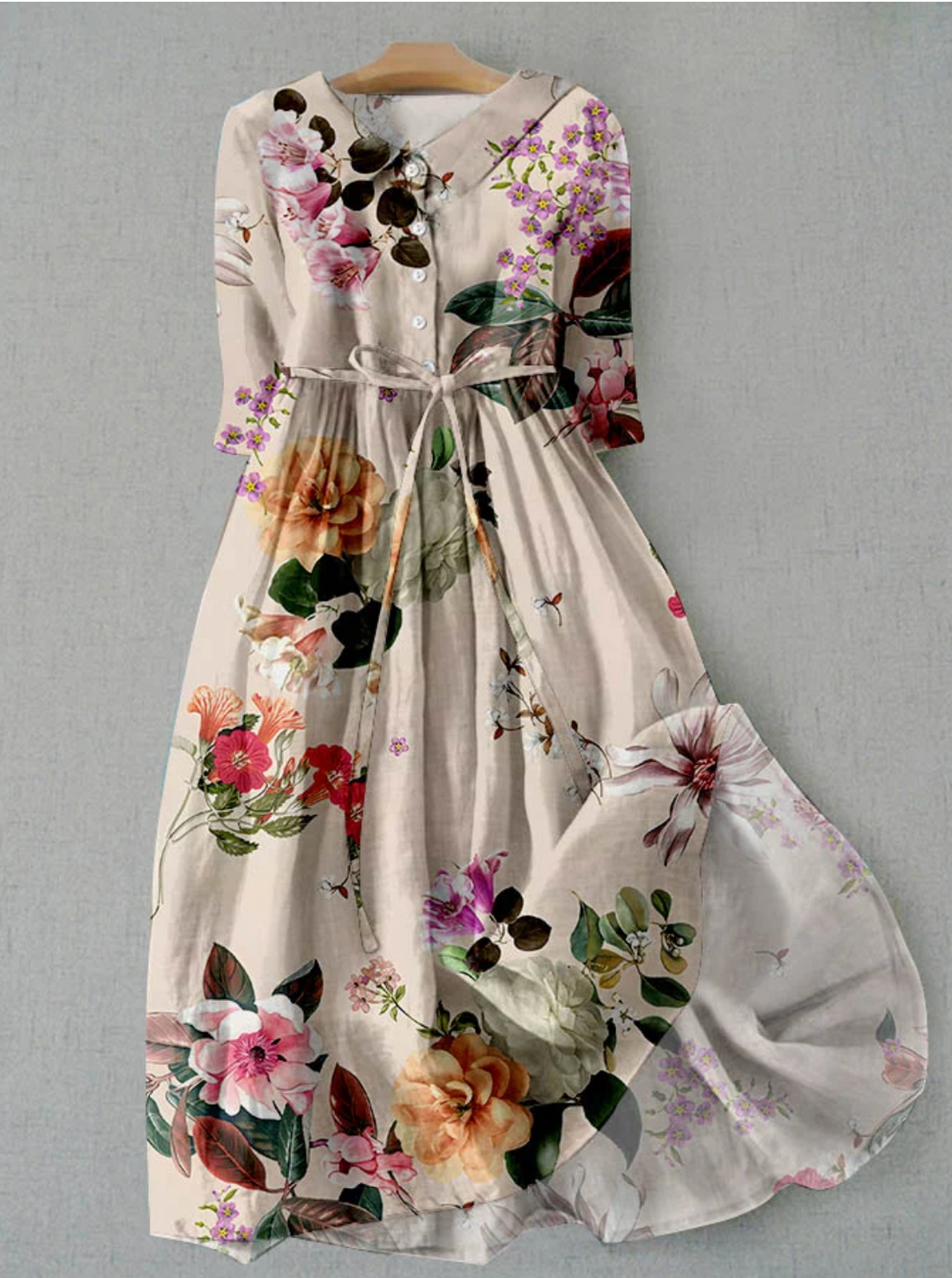 Feminine Amarae floral summer midi dress with buttons & tie waist, ideal for garden parties & casual wear.