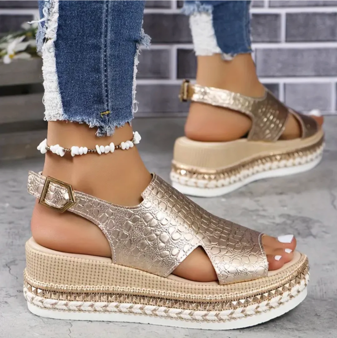Elegant women's gold orthopedic sandals, providing superior arch support & all-day comfort for summer.