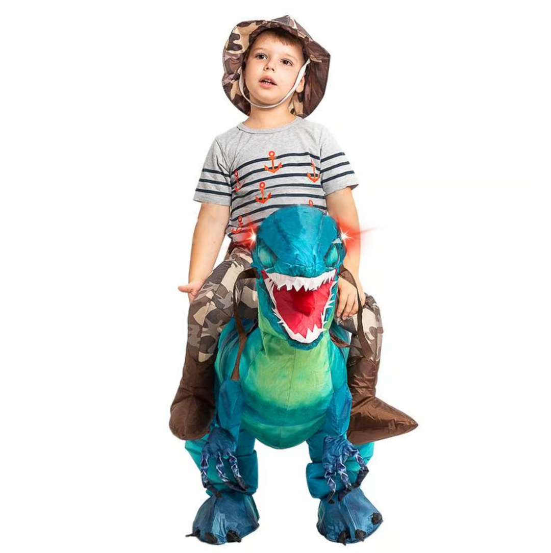 Kids having dinosaur fun on an inflatable dino ride-on toy. Perfect for adventurous indoor & outdoor activities.