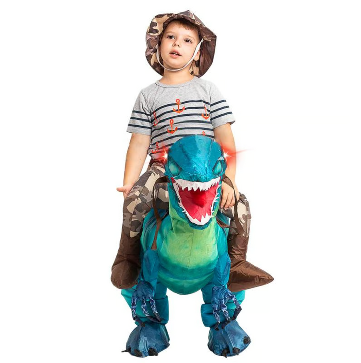 Kids having dinosaur fun on an inflatable dino ride-on toy. Perfect for adventurous indoor & outdoor activities.