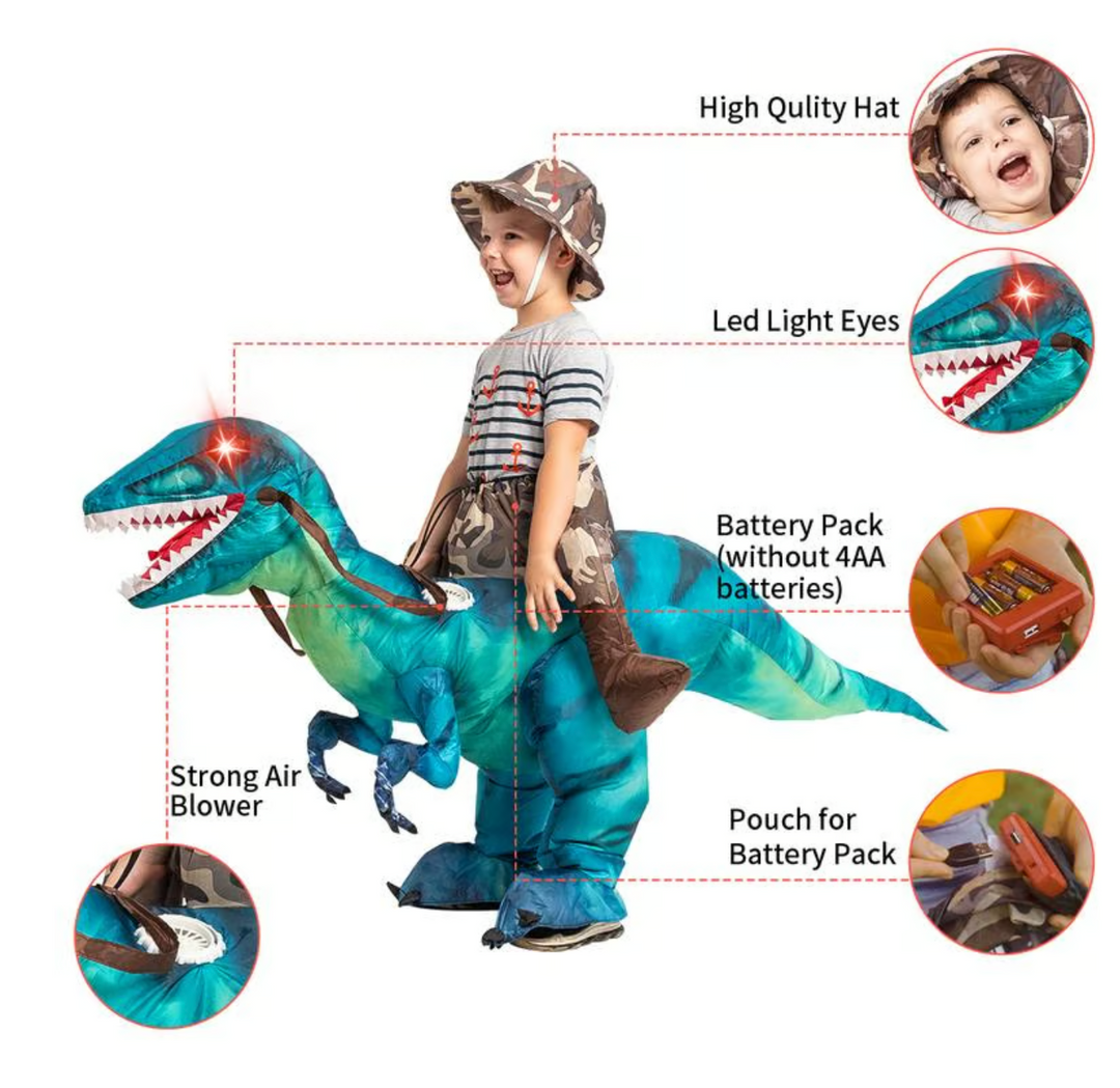 Action shot of an inflatable dino ride-on toy, creating joyful moments for kids & adults. Ultimate dinosaur fun.