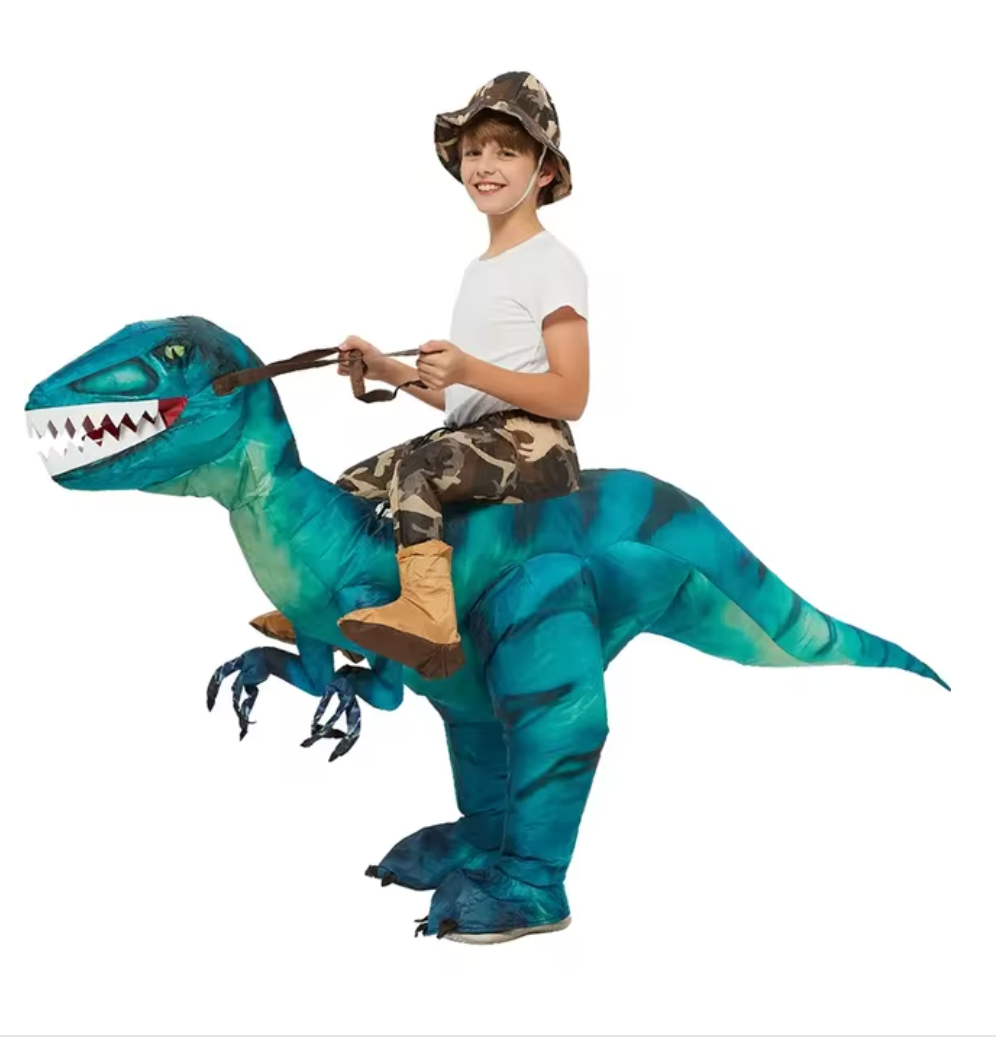 Unisex inflatable dino ride-on toy in a bright outdoor play setting. Ideal for summer fun & kids activities.