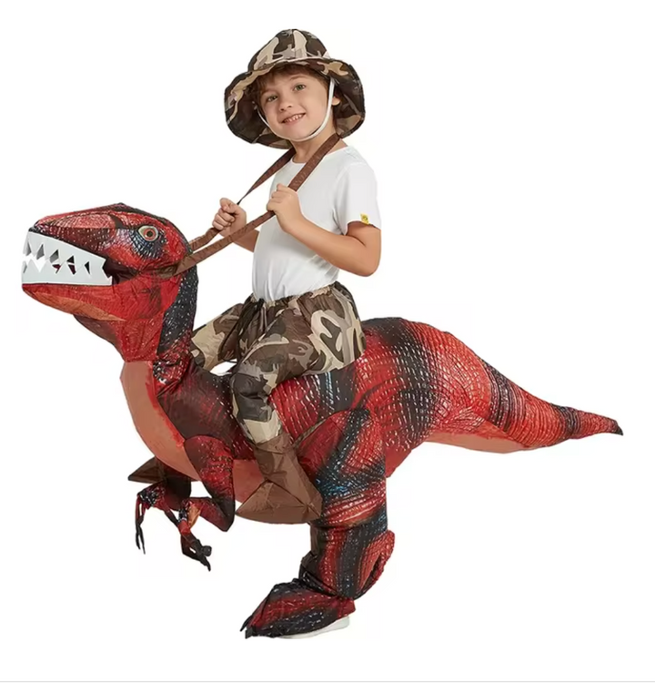 Inflatable dino ride-on toy for an indoor party, bringing adventurous dinosaur fun for kids & adults.