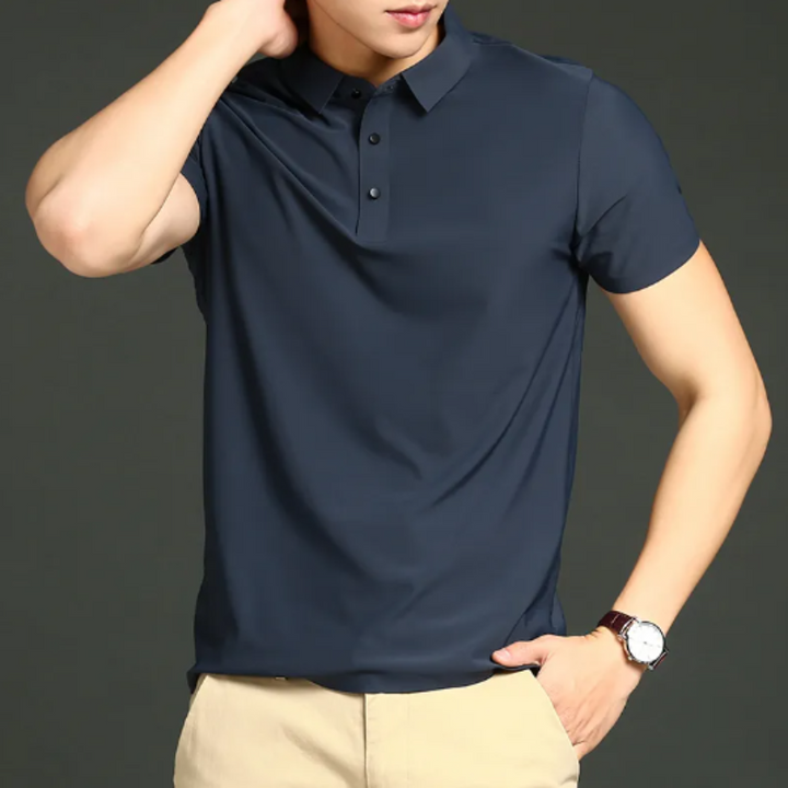 Navy men's classic polo shirt, perfect for a smart casual look & timeless menswear style.