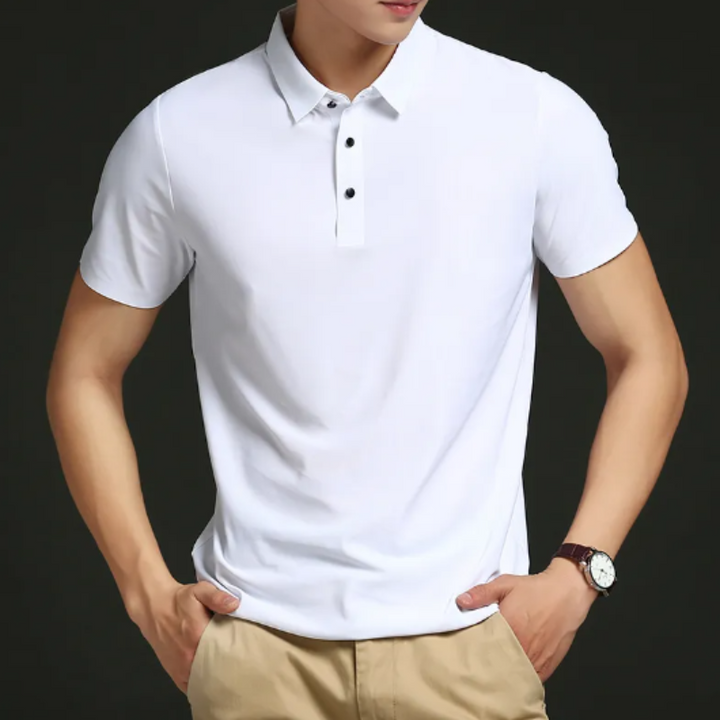 Well-fitting men's classic polo shirt, an elegant short sleeve top for menswear sophistication.