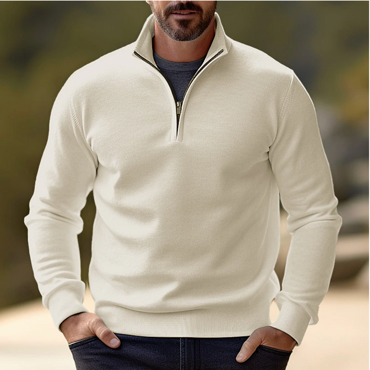 Full shot of men's classic quarter zip long sleeve pullover sweater, a comfortable and stylish fall/winter top.