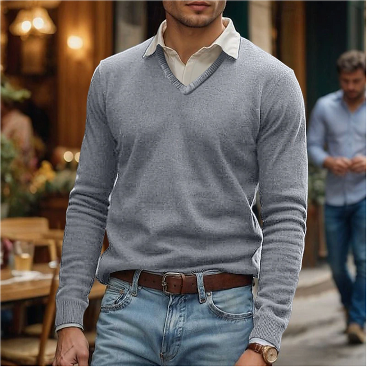 Versatile men's classic V-neck pullover sweater, designed for stylish comfort & easy winter layering.