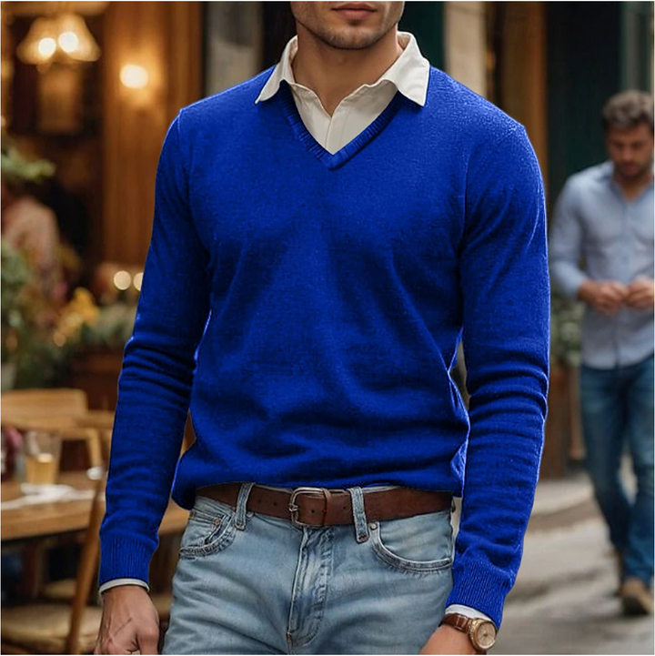Soft men's V-neck pullover sweater, offering timeless style and ultimate comfort for chilly days.