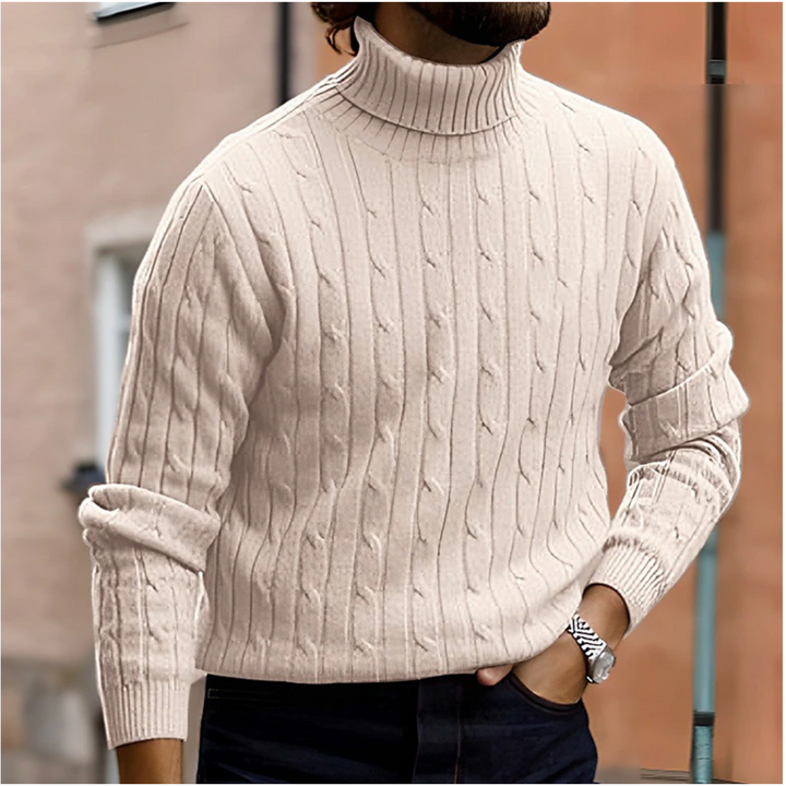 Men's cable knit turtleneck sweater in a classic color, perfect for winter warmth & style.