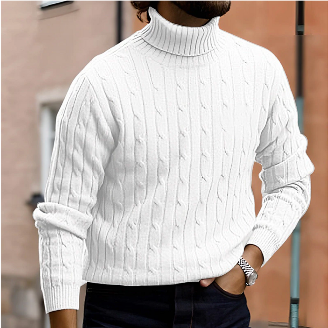 Comfortable men's cable knit turtleneck sweater, perfect for a cozy & stylish winter look.