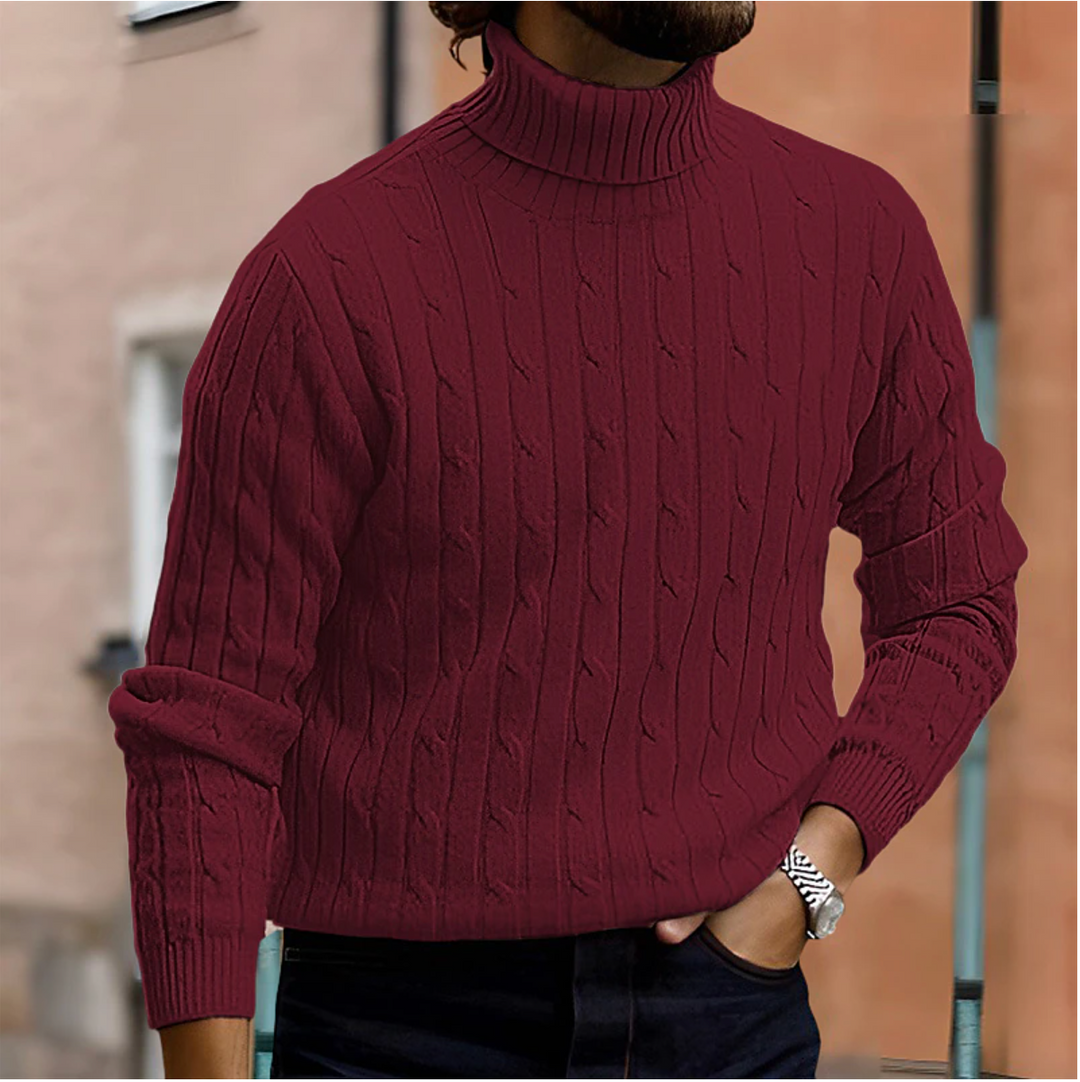 Versatile men's cable knit turtleneck sweater, great for casual outfits or stylish layering in winter.