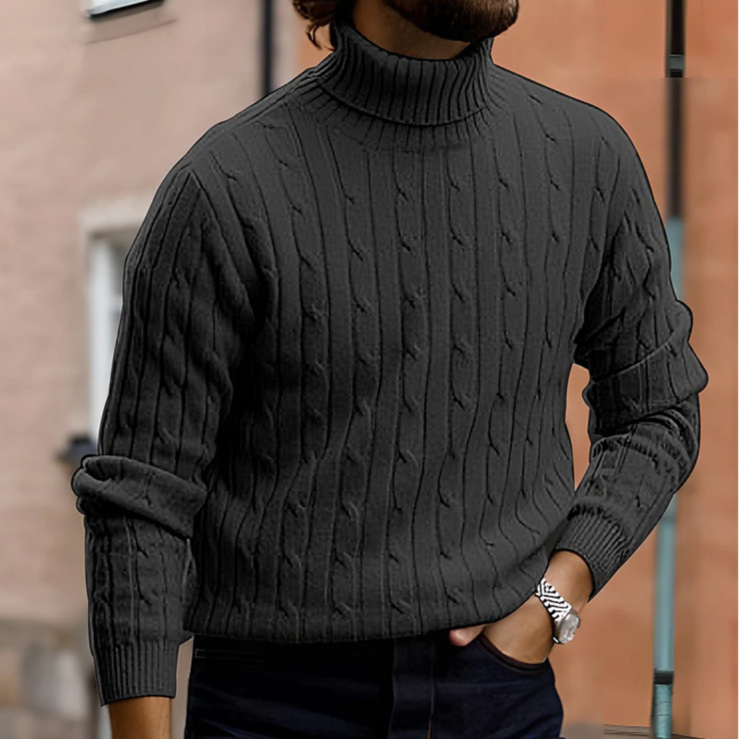 Stylish men's cable knit turtleneck sweater, ideal for casual wear & cold weather layering.