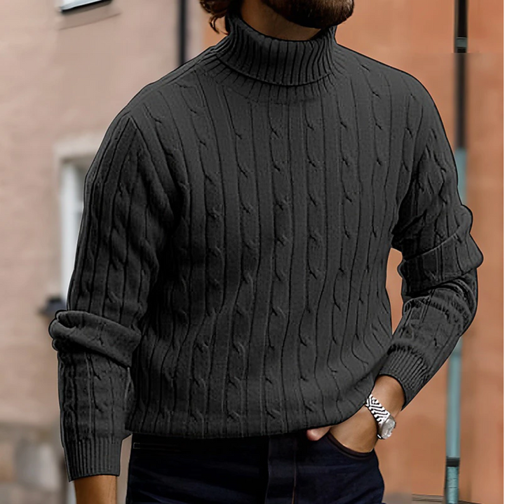 Stylish men's cable knit turtleneck sweater, ideal for casual wear & cold weather layering.