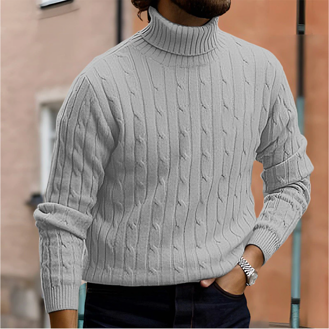 Warm men's cable knit turtleneck sweater, essential for comfortable winter fashion & cold days.