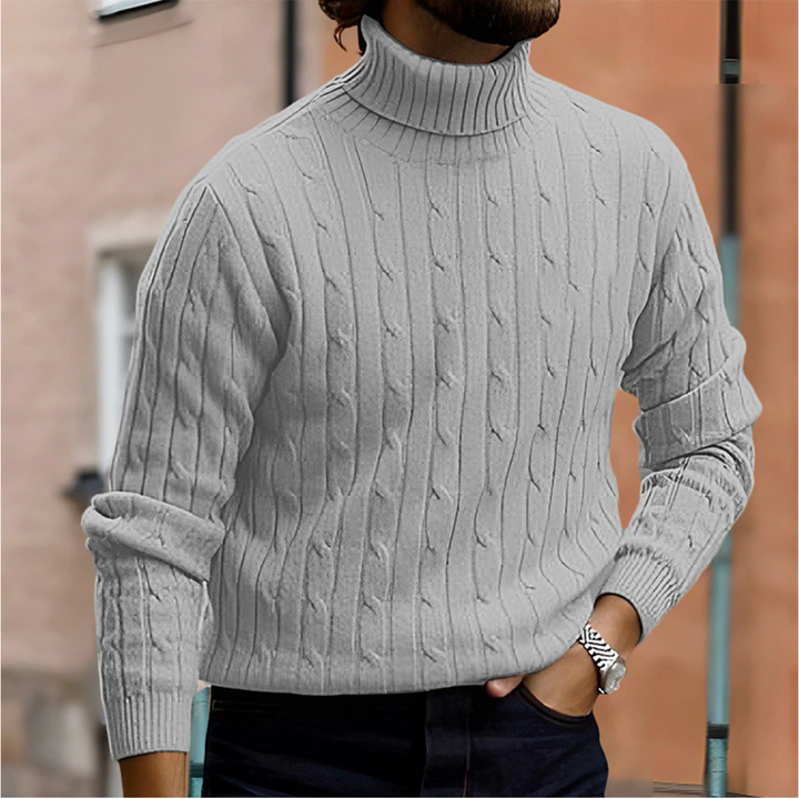 Warm men's cable knit turtleneck sweater, essential for comfortable winter fashion & cold days.
