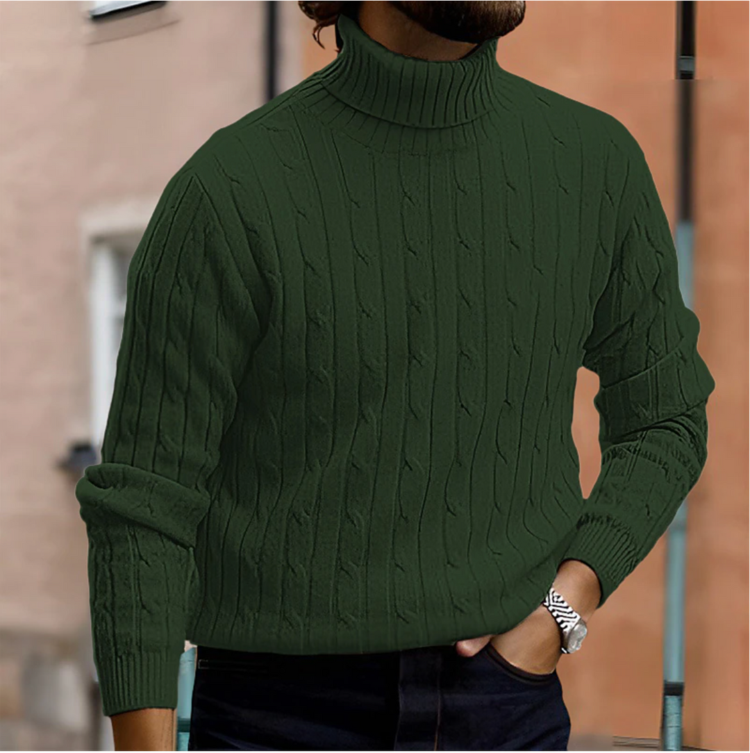 Cozy cable knit men's turtleneck sweater, a warm and fashionable piece for winter apparel.