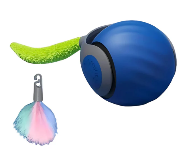 Durable rolling cat toy ball with a vibrant feather tail, promoting active play & enrichment for cats.