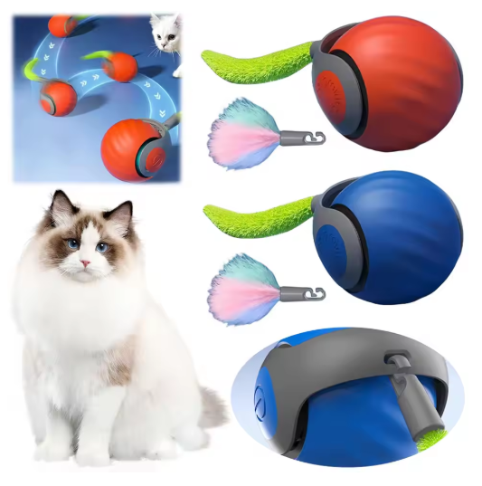 Durable automatic rolling cat toy ball, designed for interactive, active play with its long feather tail.