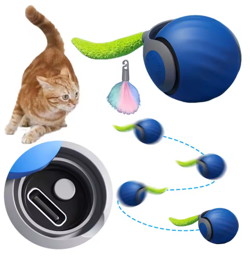 Automatic rolling cat toy ball with feather tail, entertaining a playful kitten.