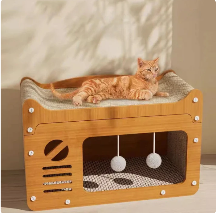 Cozy cat house with integrated sisal scratching surface and a fun, multi-level play area for felines.