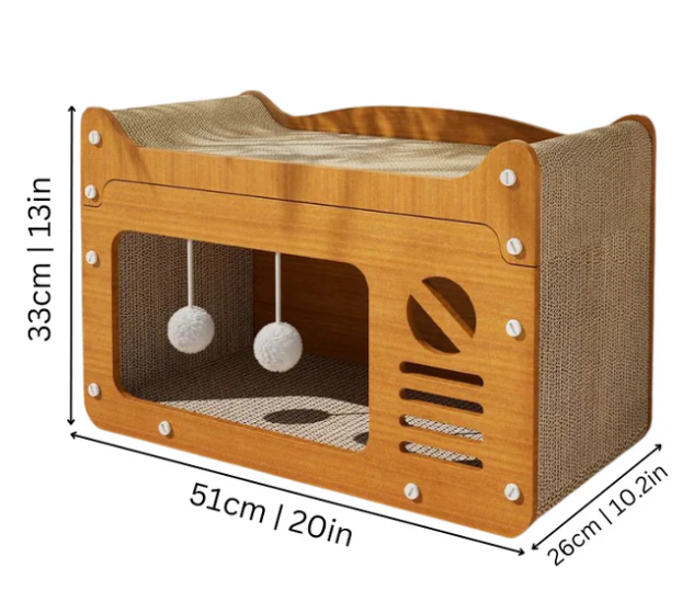 Modern cat bed and scratching post combo, offering a comfy pet furniture hideaway & interactive play for cats.