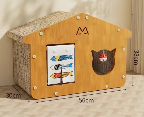 Deluxe cat house with a plush bed, sisal scratching pad, and an overhead play ball, perfect for rest & entertainment.
