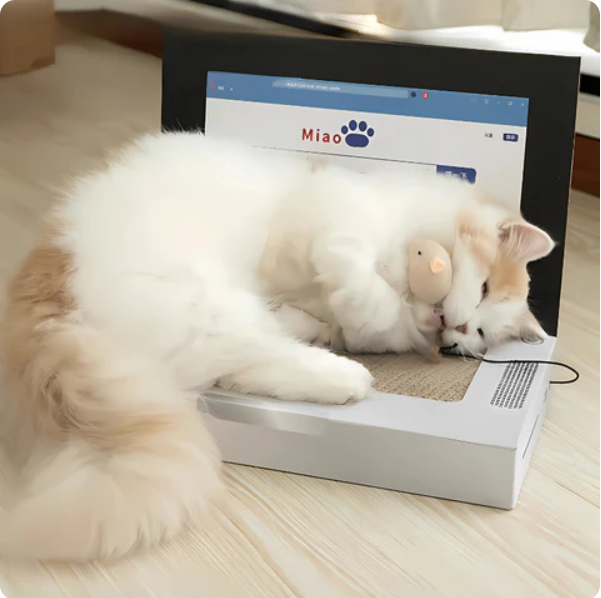 Durable cat scratcher shaped like a laptop; provides essential claw care & keeps cats entertained.