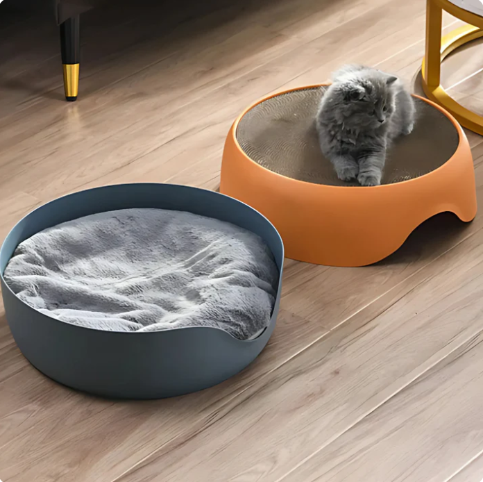 Multifunctional cat lounge bed. Features a durable scratcher and a plush cushion for cats to relax and play.
