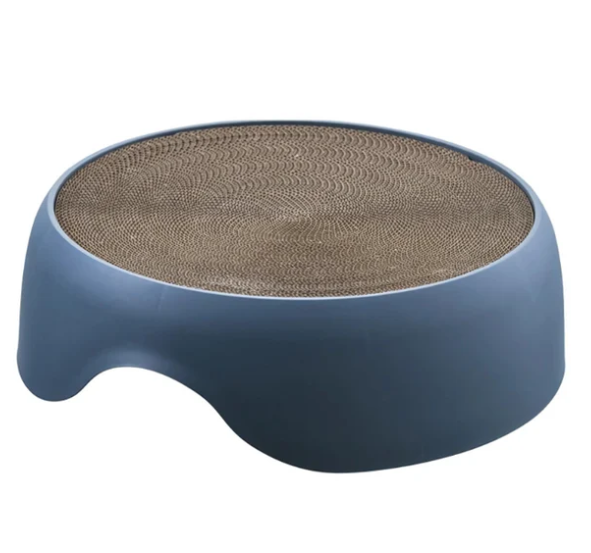 Happy cat napping in a cozy multifunctional pet bed, complete with a comfortable cushion and scratcher.
