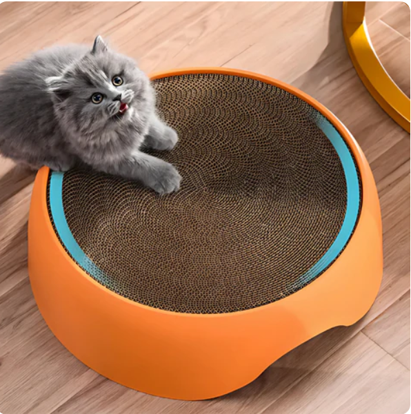 Pet furniture: A modern cat bed with a corduroy cushion and built-in scratching post for active cats.