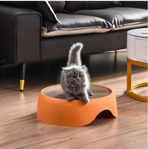 Cozy cat bed with an integrated scratching surface & soft corduroy cushion for ultimate pet comfort.