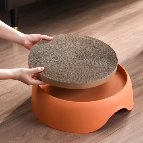 Elevated cat lounge bed with a plush corduroy cushion and a sturdy scratcher, ideal for playful cats.